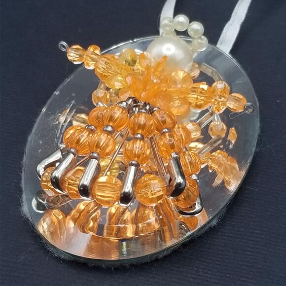 Vintage Beaded Angel Ornament Mirror 3" Pearl Handmade with Safety Pins Orange - Picture 4 of 5